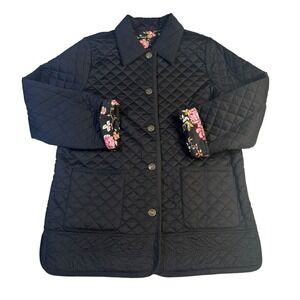 Womens Black Diamond Quilted Jacket Floral Lining Embroidered Barn Coat L